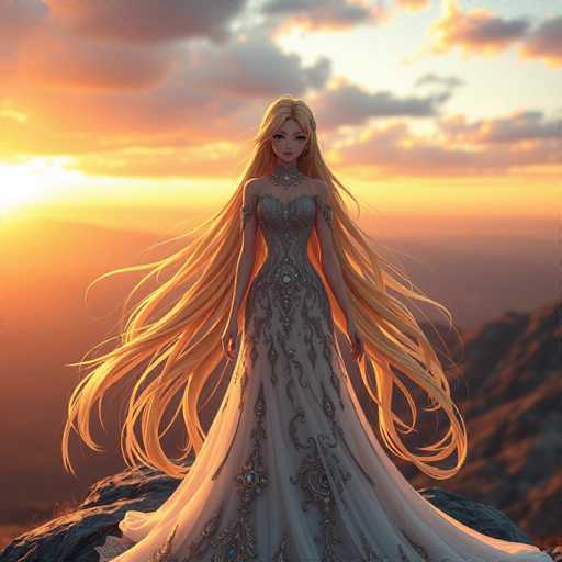 This image features a computer-generated, animated character with an ethereal appearance. The character is a woman with long, flowing blonde hair that cascades down to her waist, almost reaching her knees. She is adorned in a stunning, strapless gown that is a blend of white and silver, embellished with intricate designs and gemstones. The dress has a fitted bodice that flares out into a voluminous skirt, and it is further accentuated by a silver belt at her waist. She wears a matching silver choker around her neck, adding to her regal look.

The character's facial features are distinct, with large eyes, a small nose, and a tiny mouth, giving her a delicate and expressive appearance. She stands on a rocky outcrop, gazing into the distance. The background is a breathtaking landscape of mountains under a sky painted with the hues of a setting sun, blending shades of orange, yellow, and blue. The scene is serene and picturesque, enhancing the dreamlike quality of the image.