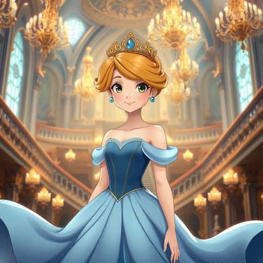 A cartoon girl with blonde hair and blue eyes is standing in a grand room with a high ceiling adorned with gold chandeliers. She is wearing a blue dress that matches the color of the sky outside the window behind her. The girl's gaze is directed towards the camera, creating an engaging visual connection between the viewer and the character.