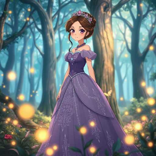 The image depicts a young woman with brown hair styled in a bun, adorned with a tiara featuring pink jewels. She has large, expressive eyes and is dressed in a purple gown with intricate white embroidery. The gown has puffy sleeves that taper off at the shoulders and a corset-like bodice. A purple necklace with a blue gem complements her attire. The woman stands in a lush forest, surrounded by tall trees with brown trunks and green leaves. The forest floor is covered in green grass and dotted with pink and red flowers. Yellow orbs of light float around her, adding a magical touch to the scene.