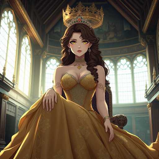 The image depicts a regal woman seated on a throne, exuding an aura of authority and elegance. She is adorned in a luxurious yellow dress, which features intricate floral patterns and swirling designs. The dress is form-fitting, accentuating her figure, and has a deep neckline that reveals a hint of cleavage. Her ensemble is complemented by a matching yellow choker necklace, which adds a touch of opulence to her attire.

The woman's long, wavy brown hair cascades down her shoulders, framing her face beautifully. Her striking yellow eyes, with black pupils, draw immediate attention. She wears a golden crown, embellished with a prominent red jewel at its center, further emphasizing her royal status. Her hands rest gracefully on her lap, showcasing a bracelet on her left wrist.

The setting around her is equally grand, with the throne positioned in front of a large, ornate window. The window features intricate designs at its top, adding to the overall majestic atmosphere. The throne itself is a masterpiece of craftsmanship, with a purple cushioned seat and a gold border that gleams in the light. The woman gazes directly at the viewer, her expression serene yet commanding, as if she is surveying her kingdom with unwavering composure.