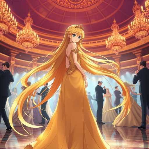 The image depicts a woman with long blonde hair wearing a gold dress and tiara standing in the center of a grand ballroom filled with people dressed in formal attire. The room is illuminated by chandeliers hanging from the ceiling, creating an opulent atmosphere.
