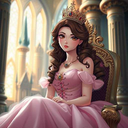 A young girl with long brown hair is seated on a golden throne in the center of an ornate room. She wears a pink dress and a gold crown that has a red gem at its center. The room features a large window with intricate designs, and a tall tower can be seen in the background.