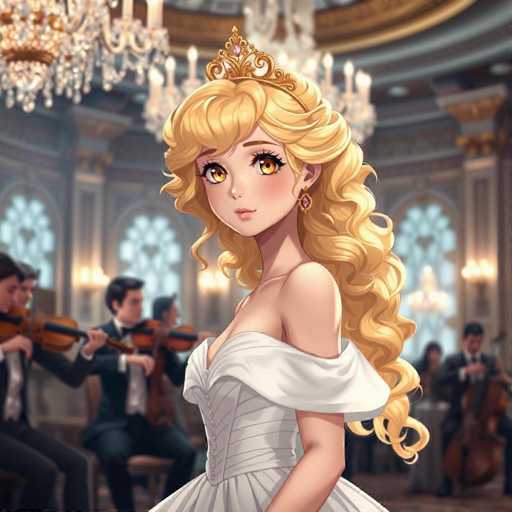 In this captivating image, a young woman with long, curly blonde hair adorned with a delicate tiara stands gracefully. She is dressed in an elegant white gown, exuding an air of regality and sophistication. The background reveals a grand, opulent room filled with several musicians who are playing violins and cellos, adding a touch of musical charm to the scene. The room is adorned with numerous chandeliers that cast a warm, inviting glow, enhancing the luxurious ambiance. The young woman gazes directly at the camera with a serene expression, her face illuminated by the soft light. The overall composition of the image is both enchanting and elegant, capturing a moment of timeless beauty.