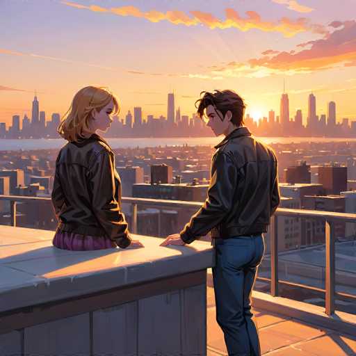 A couple stands on a rooftop overlooking a vibrant city skyline at sunset. The woman has shoulder-length blonde hair and is wearing a black leather jacket over a purple striped shirt. The man has dark, wavy hair and is also wearing a black leather jacket over blue jeans. They are both looking out at the city skyline, which is bathed in warm orange and pink hues of the setting sun. The rooftop has a metal railing, and the city buildings are silhouetted against the bright sky. The overall mood is romantic and peaceful, with a sense of warmth and connection between the couple.