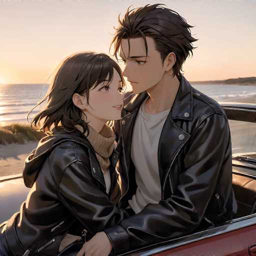 In this captivating anime-style image, a young couple is seated in a red convertible, with the top down, on a serene beach at sunset. The man, positioned on the right, has short brown hair and is dressed in a white t-shirt layered under a black leather jacket. He gazes intently at the woman beside him. The woman, on the left, has shoulder-length brown hair and is adorned in a black leather jacket over a white t-shirt, complemented by a tan turtleneck sweater. She looks up at him with a gentle smile. The background features a tranquil beach with gentle waves lapping at the shore, and the sky is painted in warm hues of orange and yellow, indicating the sun is setting. The scene is bathed in a soft, golden light, adding to the romantic atmosphere.