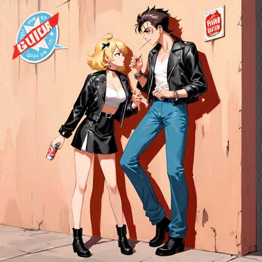 In this vibrant anime-style illustration, a young man and woman are depicted standing against a weathered, peach-colored wall. The woman, positioned on the left, has short blonde hair adorned with a black bow. She is dressed in a black leather jacket over a white crop top, paired with a black leather skirt that features a white stripe on the left side. Her ensemble is completed with black boots. She holds a red and white soda can in her right hand, while her left hand rests on the man's chest. The man, standing to her right, has short brown hair and is clad in a black leather jacket over a white t-shirt. He pairs this with blue jeans and black boots. A cigarette dangles from his mouth, and he sports a black wristband on his left wrist. The wall behind them is marked by signs of wear, including a blue circle with a white star and a red ribbon inscribed with "G-U-I-D-A" in white text. Additionally, a white square with a red circle and white text is visible on the right side of the wall. The sidewalk beneath them is gray, adding a subtle contrast to the scene.