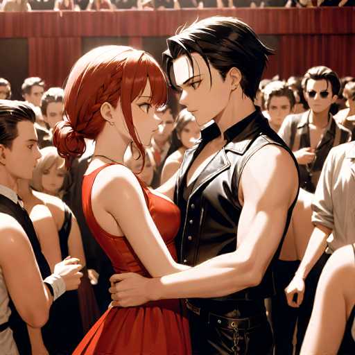 In this captivating anime scene, a young couple stands at the center of a bustling ballroom, surrounded by elegantly dressed attendees. The woman, with her striking red hair styled in a bun, wears a sleeveless red dress that complements her fair complexion. Her eyes are wide open, gazing intently at the man beside her. The man, equally captivating, has short black hair and wears a black leather vest over a black shirt, paired with black pants. His left hand rests gently on the woman's waist, while his right hand is placed on her lower back, suggesting a moment of intimacy or support. Both characters have their heads slightly bowed, adding to the scene's emotional depth.

The ballroom is filled with people, all dressed in formal attire, contributing to the festive atmosphere. In the background, a balcony can be seen, with more guests standing and observing the central couple. The scene is bathed in a warm, red hue, enhancing the romantic ambiance. The characters are rendered in a realistic anime style, with meticulous attention to detail in their expressions and clothing. The overall composition captures a poignant moment of connection amidst the lively gathering.