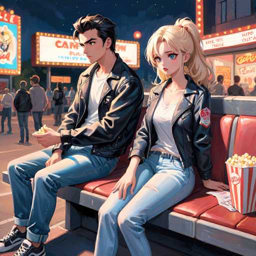 In this vibrant, cartoon-style image, a young man and woman are seated on a red bench at an outdoor movie theater. The woman, positioned on the right, has blonde hair styled in a ponytail and striking blue eyes. She is dressed in a black leather jacket adorned with a red and white patch on the left arm, a white shirt, and light blue jeans. A large popcorn bucket sits beside her on the bench. The man, seated to her left, has black hair and is wearing a similar outfit: a black leather jacket, white shirt, and light blue jeans. He is holding a smaller popcorn bucket in his hand. The background features several illuminated signs, including one that reads "Camp" and another partially obscured sign with the letters "C-A-N." The scene is bustling with people, adding to the lively atmosphere of the outdoor movie setting.