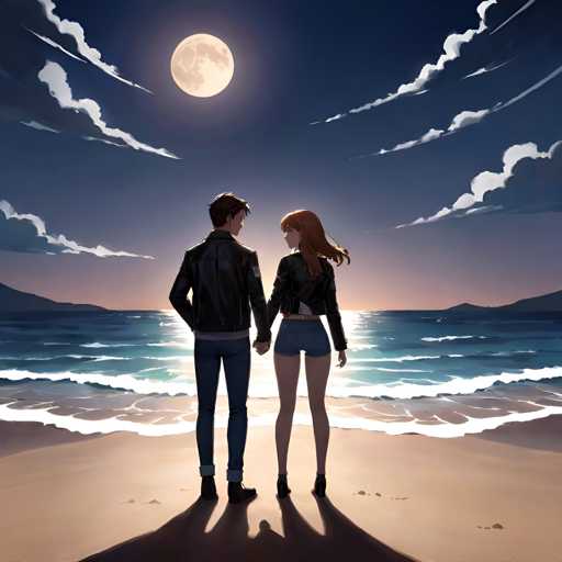 A couple stands on a beach at sunset, with the man wearing a black leather jacket and jeans and the woman wearing a red tank top and shorts. The sky is painted in shades of blue with wispy clouds, and the ocean stretches out to meet the horizon where it meets the night sky.