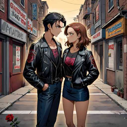 In this vibrant, anime-style illustration, a young man and woman stand closely together in the middle of a narrow, urban alleyway. The man, positioned on the left, has short black hair and is dressed in a black leather jacket adorned with red patches on the sleeves. He pairs this with blue jeans and a black shirt featuring a red rose design. His hands are casually tucked into his pockets as he gazes intently at the woman beside him.

The woman, standing to his right, has shoulder-length brown hair and is equally captivating in her attire. She wears a black leather jacket with matching red patches on the sleeves, a black shirt also emblazoned with a red rose, and a short blue skirt. Her hands rest on her hips, and she looks back at the man with a focused expression.

The alleyway they occupy is flanked by buildings on both sides, creating an intimate urban setting. The ground beneath them is paved with gray asphalt, marked by white lines that add to the urban feel. In the bottom left corner of the image, a red rose lies on the ground, adding a touch of romance to the scene. The background is filled with various signs and advertisements, enhancing the bustling city atmosphere.