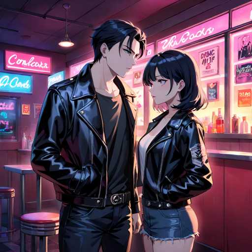 The image depicts two individuals standing side by side in a bar setting. The person on the left is wearing a black leather jacket and jeans, while the person on the right is dressed in blue denim shorts and a black leather jacket. They are positioned near a counter with various bottles displayed behind them, suggesting that they might be enjoying drinks at this establishment.
The background features neon signs for "Concrete" and "Pools", indicating that the bar may have a retro or vintage theme.