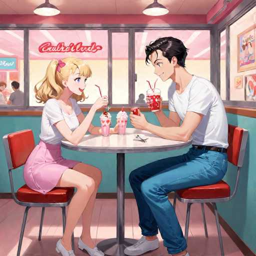 In this vibrant anime-style illustration, a young couple is seated at a round table in a cozy diner. The woman, positioned on the left, has long blonde hair adorned with a pink bow and striking blue eyes. She is dressed in a white t-shirt, a pink skirt, and white shoes. Across from her, the man sports short black hair and is clad in a white t-shirt, blue jeans, and white shoes. Both characters are smiling warmly at each other, creating a sense of intimacy and connection.

On the table between them are two pink milkshakes topped with whipped cream and a cherry, each accompanied by a red straw. The woman holds a red object in her hand, though its exact nature is unclear. The table itself is white with a silver rim, supported by a central silver pole.

They are seated on red chairs with silver legs, which complement the diner's decor. The floor beneath them is pink, while the walls are painted a light blue. Behind them, a large window with a silver frame offers a glimpse into the bustling atmosphere of the diner. Above the window, a red sign with white lettering adds a pop of color to the scene. The ceiling is white, and two round lights hang from it, casting a warm glow over the couple.

To the right of the window, a wall adorned with pictures adds a personal touch to the space. In the background, other patrons can be seen sitting at tables, contributing to the lively ambiance of the diner.