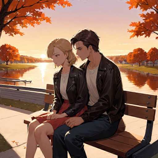 In this captivating anime-style illustration, a young couple is seated on a wooden bench by a serene lake, surrounded by the vibrant hues of autumn. The woman, with her blonde hair styled in a short bob, is dressed in a red skirt and a white shirt, layered with a black leather jacket. Beside her, the man, sporting short brown hair, wears a white shirt, blue jeans, and a matching black leather jacket. Both are gazing thoughtfully at the tranquil lake, which is framed by trees adorned with brilliant orange leaves. The scene is bathed in the warm, golden light of the setting sun, casting a gentle glow over the water and creating a picturesque reflection. The bench they sit on is positioned on a concrete walkway, with a grassy area and a dock visible to the left. In the background, a row of houses lines the far shore of the lake, adding a touch of homely charm to this peaceful autumn setting.