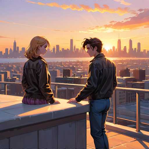 This detailed illustration depicts a young man and woman standing on a rooftop, gazing out over a city skyline at sunset. The woman, positioned on the left, has shoulder-length blonde hair and is dressed in a black leather jacket paired with a pink and purple striped skirt. She stands with her hands resting on a stone ledge, her body slightly turned towards the man. The man, on the right, has short dark hair and is wearing a black leather jacket with blue jeans. He stands with his hands on the railing, his body also angled towards the woman. The background features a sprawling cityscape with numerous buildings, a river, and a distant skyline, all bathed in the warm hues of the setting sun. The sky is a blend of orange and blue, with clouds tinged in orange, adding to the serene and picturesque atmosphere.