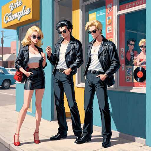 This AI-generated image depicts a vibrant street scene reminiscent of 1950s Americana, featuring four individuals standing on a sidewalk in front of a blue building. The building's facade is adorned with a yellow sign, though the text is indecipherable. 

On the left, a woman with blonde hair cascading past her shoulders is dressed in a white tube top, a black leather skirt, and red high heels. She accessorizes with a red purse slung over her shoulder and black sunglasses, exuding a retro charm.

Next to her stands a man with slicked-back black hair, clad in a black leather jacket, a white t-shirt, black pants, and black shoes. He also sports black sunglasses, adding to his cool demeanor.

To his right is another man with blonde hair, similarly dressed in a black leather jacket, white t-shirt, black pants, and black shoes. He, too, wears black sunglasses, maintaining the cohesive look of the trio.

In the background, a window reveals two additional figures: a man with black hair and sunglasses, and a woman with blonde hair and sunglasses, both seemingly observing the scene outside. The overall composition captures a nostalgic, yet surreal atmosphere, characteristic of AI-generated artwork.