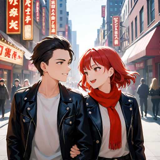 A digital painting in a vibrant, anime-inspired style depicts a young couple standing close together on a bustling city street. The couple is the focal point, positioned in the center of the frame and looking affectionately at each other with warm smiles. They are both wearing black leather jackets, a common fashion choice in anime and street style. The woman has bright red, slightly wavy hair, while the man has short, dark brown hair. She wears a vibrant red scarf wrapped around her neck. 

The background is a lively, slightly blurred cityscape with traditional Japanese-style storefronts and bright signage in red and white. The overall color palette is warm, with a soft sunlight casting shadows on the ground. Other people are visible in the background, walking and going about their day, adding to the sense of a bustling urban environment. The style is detailed yet stylized, with smooth lines and soft shading that enhance the characters' expressions and create a visually appealing composition. The overall mood is one of warmth, affection, and urban energy.