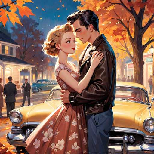 This image is a detailed, computer-generated illustration of a young couple in the 1950s, standing in the middle of a street at dusk. The scene is set against a backdrop of autumn, with trees adorned in vibrant orange and yellow leaves. The couple, who are Caucasian, are dressed in period-appropriate attire: the woman wears a pink dress with white floral patterns and has her hair styled in a 1950s fashion, while the man sports a brown leather jacket, blue pants, and has black hair. They are embracing each other, with the woman's left hand on the man's shoulder and the man's right hand around her waist. Behind them, a yellow car is parked, and a blue car is visible further down the street. The street is lined with houses, including a prominent white house with a porch on the left side. Several people are standing around, seemingly engaged in conversation, and a man is driving a car in the background. The overall atmosphere is nostalgic, capturing a moment of intimate connection amidst a bustling, autumnal street scene.