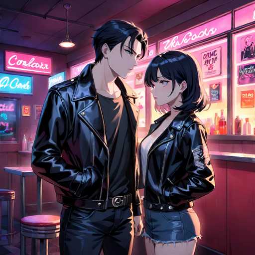 In this detailed anime-style illustration, a young man and woman are depicted standing in front of a bar. The man, positioned on the left, has short black hair with a strand falling over his forehead. He is dressed in a black leather jacket, a black t-shirt, black pants, and a black belt with a silver buckle. His hands are tucked into his pockets as he gazes at the woman beside him. The woman, standing to his right, has shoulder-length black hair with bangs framing her face. She is wearing a black leather jacket over a white shirt, paired with very short blue denim shorts. Her hands are also in her pockets, and she looks up at the man with a slight smile. 

Behind them, the bar features a red wall adorned with various signs and bottles of alcohol. A light fixture hangs from the ceiling, casting a warm glow over the scene. The floor is tiled in black and white, and a red barstool is visible in the background, adding to the cozy ambiance of the bar setting.