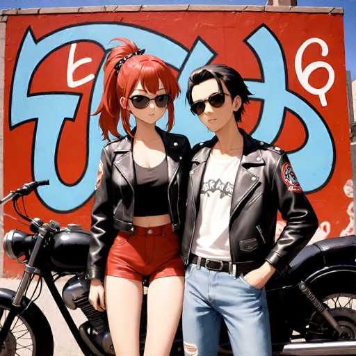 In this vibrant image, two anime characters are depicted standing in front of a striking red wall adorned with graffiti. The graffiti features a mix of light blue and white lettering, though the characters are not familiar with the specific language. The scene is set outdoors, with a clear blue sky visible above the wall.

The female character on the left has distinctive red hair styled in a high ponytail with bangs framing her face. She is wearing black sunglasses, a black leather jacket, a black tank top, and red shorts. Her legs are bare, and she has a fair complexion.

To her right stands the male character, who has black hair and is also wearing black sunglasses. He is dressed in a black leather jacket over a white t-shirt with some black lettering on it. He pairs this with blue jeans and a black belt. His left hand is casually tucked into his pocket, while his right arm hangs by his side.

Behind them, a sleek black motorcycle is parked, adding to the urban, edgy atmosphere of the scene.