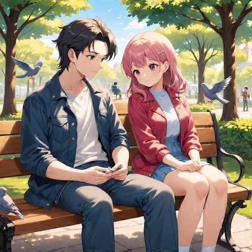 In this vibrant anime-style illustration, a young man and woman are seated on a wooden bench with black metal accents, positioned on a stone walkway in a serene park. The man, with short brown hair, is dressed in a white t-shirt layered under a blue denim jacket, paired with blue jeans. He is engrossed in his phone, holding it with both hands. Beside him, the woman, with shoulder-length pink hair adorned with a barrette, wears a red jacket over a blue t-shirt and a blue skirt. She is smiling warmly at him, her hands resting on her knees. The scene is set against a backdrop of lush green trees, with a few birds perched on the bench and others flying in the sky. In the distance, other park-goers can be seen enjoying the tranquil environment.