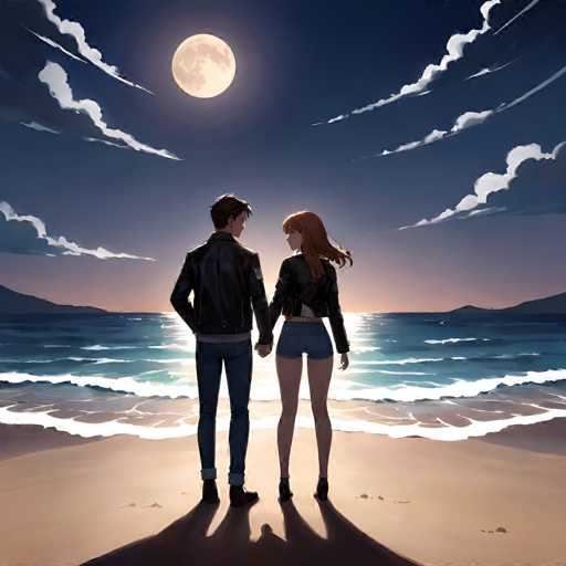 A digital painting depicting a romantic scene on a beach at night. A young couple, one male and one female, stands hand-in-hand facing the ocean. They are silhouetted against a full moon and a vibrant sunset on the horizon, with gentle waves washing ashore. The couple is dressed in casual attire – a black leather jacket and blue jeans for the male, and a similar jacket with denim shorts for the female. The overall mood is serene and romantic, emphasizing the connection between the couple under the moonlight.