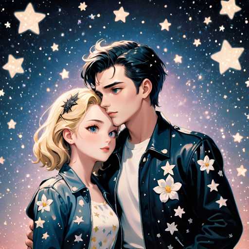 A couple is standing together under a starry night sky with white stars and blue hues. The man has dark hair and the woman has blonde hair. They are both wearing jackets adorned with white flowers.