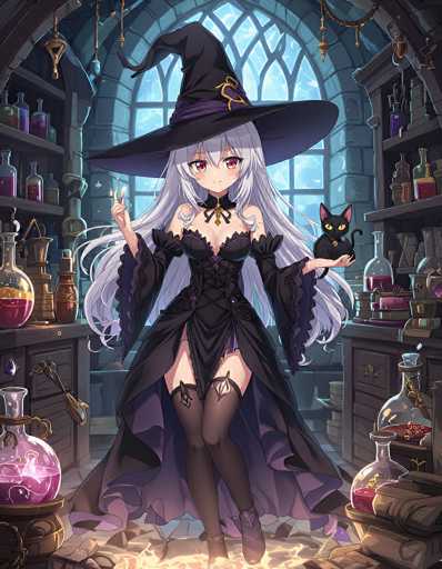 In this captivating image, a witch stands poised in a room filled with an array of colorful potions. The scene is set against a backdrop of a large, arched window that allows natural light to filter in, illuminating the room's intricate details. The witch, adorned in a striking black dress with a purple underlay, exudes an air of mystery and enchantment. Her long, flowing white hair cascades down her back, complementing her black witch's hat that features a purple band and a gold buckle. Her eyes, a mesmerizing blend of pink and purple, add to her mystical allure.

In her left hand, she cradles a small black cat with piercing yellow eyes, its presence adding a touch of whimsy to the scene. Her right hand is raised, fingers delicately poised as if casting a spell or channeling some magical energy. The room around her is lined with shelves brimming with various potions, each bottle and container filled with liquids of different hues—pink, purple, and more— creating a vibrant tapestry of colors. The floor beneath her is adorned with a carpet that glows with a warm, yellow light, enhancing the magical atmosphere of the room.