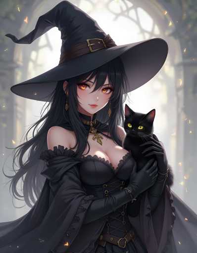 A woman with long dark hair is holding a black cat on her lap. She is wearing a black dress and a black hat that has a brown trim around the edges. The background of the image features an archway with a window behind it, which adds depth to the scene.