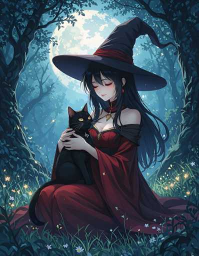In this captivating image, a witch is depicted sitting serenely in a lush, moonlit forest. She is adorned in a striking red dress with a low-cut neckline, complemented by a black shawl draped over her shoulders. Her long, flowing black hair cascades down her back, and she wears a wide-brimmed black witch's hat, accented with a red band at the base. The witch's eyes are closed, and her expression is one of tranquility as she gazes down at a black cat nestled in her lap. The cat, with its piercing yellow eyes, stares intently at the witch, creating a moment of mutual connection between them. The witch's hands gently cradle the cat, with her fingers resting on its back. Surrounding them, the forest is illuminated by the soft glow of the moon, casting a silvery light over the scene. The trees stand tall and dark, their branches reaching out in the moonlight. The ground is carpeted with vibrant green grass, dotted with delicate white flowers that add a touch of purity to the mystical atmosphere.