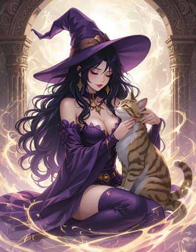 The image depicts a striking anime-style witch with long, flowing black hair adorned with subtle purple highlights. She is dressed in a revealing purple dress that accentuates her ample chest, and she wears thigh-high purple stockings that add to her enchanting appearance. Atop her head sits a classic purple witch's hat, complete with a brown band and a whimsical, curly tip. The witch is seated on the ground, cradling a brown and white cat in her lap. Her eyes are closed, and she wears a serene expression, with her head gently tilted downward. The cat gazes up at her, creating a tender moment between the two. Surrounding them is a mystical aura of light, adding an ethereal quality to the scene. The background features a grand, ornate archway with intricate carvings, enhancing the magical atmosphere of the image.