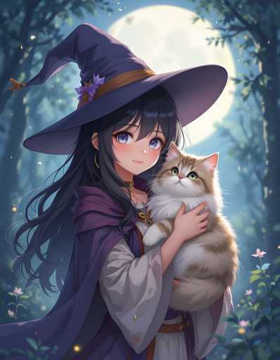 A young girl with long dark hair is holding a cat on her lap while wearing a purple robe and a witch's hat. The background features trees and a full moon, creating an enchanting forest setting for the scene.