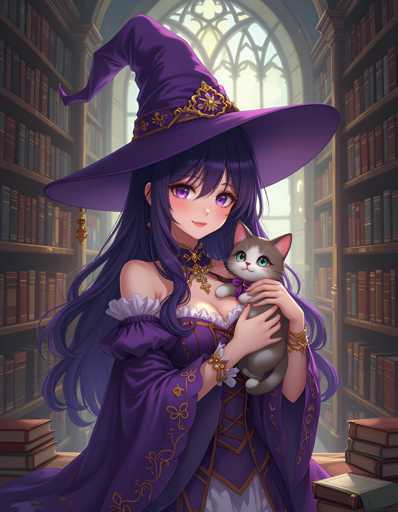 A young girl with long dark hair is standing in a library surrounded by bookshelves filled with various books of different sizes and colors. She is wearing a purple dress adorned with gold accents and a matching purple hat decorated with gold tassels. The girl is holding a small gray cat in her arms, which appears to be looking up at the camera with curiosity.