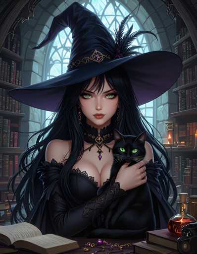 The image portrays a young woman with long, flowing black hair and striking green eyes, adorned in a classic witch's costume. Her attire includes a wide-brimmed black witch's hat, embellished with a gold band and a prominent purple feather. She wears a low-cut black dress that reveals her cleavage, complemented by a choker necklace with a purple pendant. In her arms, she cradles a black cat with vivid green eyes, which she gently strokes with her right hand. The scene is set in a cozy, well-lit room filled with bookshelves brimming with books. A large window in the background allows natural light to flood the space, highlighting the intricate details of her outfit and the serene bond she shares with her feline companion.