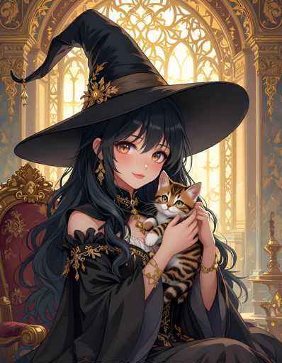 In this captivating anime-style illustration, a young witch with long, flowing black hair and striking yellow eyes is depicted seated in an opulent, castle-like room. She wears a classic black witch's hat adorned with a gold flower and a brown band, complementing her elegant black dress which features intricate gold accents. The witch cradles a small, adorable kitten with a brown and black striped coat and white paws, gently stroking it with her right hand. Her left wrist is adorned with a gold bracelet, adding to her mystical allure. Behind her, a grand red and gold throne stands prominently, while a large, ornate window with intricate gold designs bathes the room in warm light. The walls are painted a regal blue, enhancing the room's majestic atmosphere. A golden lamp on a nearby table adds a touch of warmth to the scene, completing this enchanting and detailed portrayal.