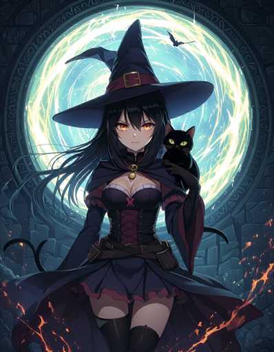 A digital painting of a young anime girl dressed as a witch, standing in front of a glowing magical portal. She has long black hair with red eyes and is wearing a dark blue witch hat, a black corset-style top with purple accents, and a long dark blue skirt. She is holding a small black cat in her left arm and has a glowing magical aura surrounding her. The background is dark and textured, with sparks of fire flying around her. She has a serious expression on her face and is looking directly at the viewer. The overall style is detailed and fantastical, with a focus on lighting and color.