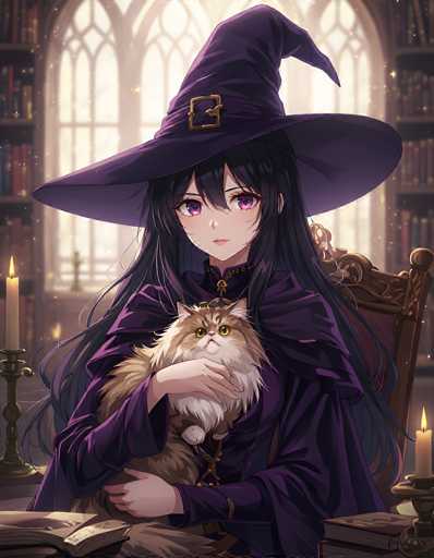 In this captivating anime-style illustration, a young witch is depicted seated in a cozy, well-lit room. She wears a classic purple witch's hat adorned with a gold buckle, and her long, flowing black hair cascades down to her waist. Her striking purple eyes add a touch of mystique to her serene expression. The witch is dressed in a matching purple cloak, exuding an air of elegance and magic.

In her lap, she cradles a large, fluffy cat with a luxurious coat of white and brown fur. The cat's eyes are a mesmerizing yellow, and it sports a small, golden crown atop its head, adding a whimsical touch to the scene.

The witch is seated in a wooden chair, positioned at a table that holds an open book, suggesting she might be engaged in some form of magical study or incantation. The room is warmly lit by two lit candles, one on each side of her, casting a gentle glow that enhances the enchanting atmosphere. Behind her, a large window allows natural light to flood the space, illuminating the shelves of books that line the walls, creating a perfect blend of magic and knowledge.