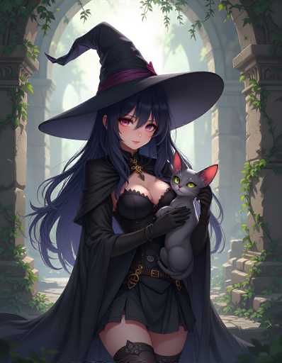 A captivating anime-style illustration features a striking female character adorned in a classic witch's hat. The hat, with its wide brim and pointed tip, is black and accentuated by a purple ribbon tied around its base. The character's long, flowing black hair cascades down her back, complementing her pale skin and mesmerizing pink eyes. She is dressed in a black corset top, paired with a matching black skirt and a flowing cape that adds to her enigmatic presence. In her arms, she cradles a gray cat with vivid yellow eyes, its ears perked up attentively. The background reveals a majestic stone archway, partially shrouded in fog, with lush green vines climbing its sides, adding a touch of nature to the mystical scene.
