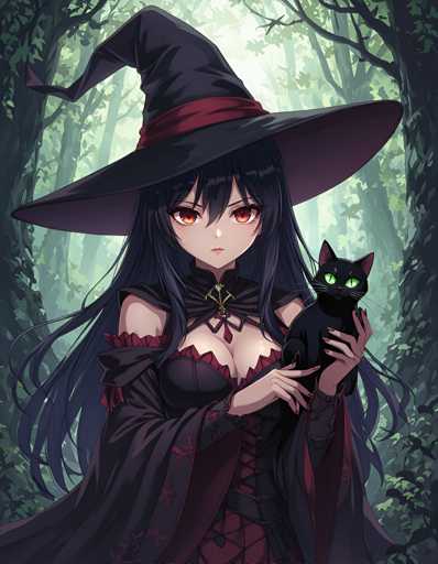 A young girl with long dark hair is standing in a forest surrounded by trees and foliage. She is wearing a black dress that has red accents on the bodice and a matching hat with a pointed top. The girl is holding a cat in her arms.