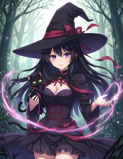 In this captivating image, we see a striking anime character set against a mystical forest backdrop. The character is a young woman adorned in a classic witch's hat, which is black with a distinctive red ribbon tied around its base. Her long, flowing black hair cascades down her back, adding to her enigmatic presence. She has mesmerizing purple eyes that seem to hold secrets within them.

Her attire is equally enchanting, featuring a black dress with intricate red accents. The dress is form-fitting, highlighting her figure, and includes a corset-like top with red laces that tie around her chest. A red ribbon is elegantly tied around her waist, complementing the overall design. The dress itself flares out at the bottom, revealing a hint of her legs.

In her right hand, she delicately holds a small black cat, which appears to be wearing a tiny red shirt. The cat's vivid yellow eyes and black whiskers provide a stark contrast to its dark fur. The woman's left hand is extended outward, palm up, as if she is casting a spell or channeling some mystical energy.

Surrounding her are ethereal swirls of purple light, adding a magical aura to the scene. The background features a dense forest with tall, slender trees that have sparse foliage, allowing beams of light to filter through the canopy. The ground is covered in lush green grass, enhancing the enchanting atmosphere of this forest setting.