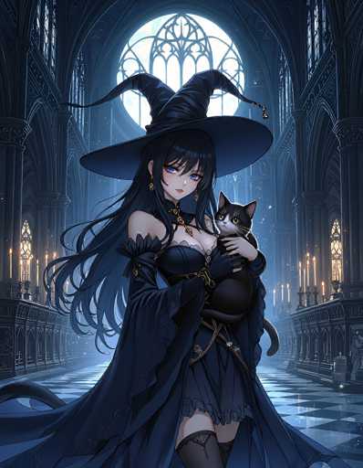 In this captivating image, we see a striking anime-style witch standing in the grand hallway of a majestic castle. The castle's architecture is characterized by its towering, rounded columns that line both sides of the hall, creating a sense of grandeur and medieval elegance. The floor is adorned with a black and white checkered pattern, adding a touch of regal sophistication to the scene.

The witch herself is a mesmerizing figure, with long, flowing black hair that cascades down to her waist. She wears a large, wide-brimmed witch's hat that is black with two prominent horns, one on each side, adding to her mystical aura. Her attire is equally enchanting, featuring a black dress with a low-cut neckline that reveals a hint of cleavage, and a cape that flows gracefully around her, completing her imposing presence.

In her arms, she cradles a black cat, which gazes back at her with curious eyes, adding a touch of companionship to the otherwise solitary figure. The witch's striking blue eyes stand out against her pale complexion, and she wears a subtle touch of red lipstick, enhancing her allure.

The scene is bathed in a soft, ethereal light that emanates from a large, circular window at the top of the hallway. This window, with its intricate black metal designs, frames a view of the sky, casting a gentle glow that illuminates the witch and the castle's interior. The overall atmosphere is one of mystery and enchantment, perfectly capturing the essence of a magical world.