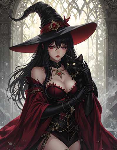 The image depicts a woman dressed as a witch with long dark hair and red lipstick. She is wearing a black dress that features gold accents and a pointed hat adorned with a large feather on the side. The woman holds a cat in her arms while standing against a backdrop of a Gothic archway, which adds to the overall eerie atmosphere of the scene.

The style of the image can be described as gothic or medieval, characterized by its dark color palette and intricate details.