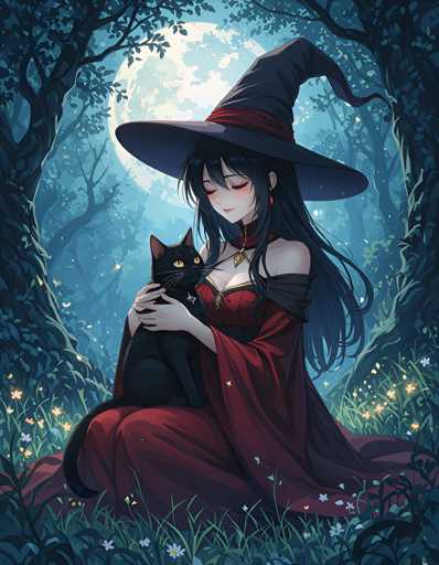 A woman dressed as a witch is sitting on the ground with her cat. The cat has black fur and is wearing a red collar.