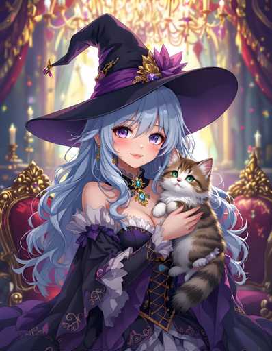 A captivating anime-style illustration features a young woman with long, flowing blue hair and striking purple eyes. She is adorned in a grandiose purple witch's hat, embellished with a gold and purple flower at the base, and a purple ribbon encircling it. Her attire is equally elaborate, consisting of a purple corset with gold accents, a black dress, and a frilly white skirt. She cradles a small brown and white kitten with green eyes in her arms. The background is a regal scene, with a red velvet chair trimmed in gold positioned behind her, and a chandelier hanging from the ceiling. The walls are draped in rich red and gold curtains, adding to the opulent atmosphere.