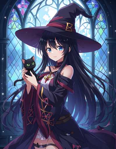 A young girl with long dark hair is standing in front of a large stained glass window that is illuminated by the light from behind her. She is wearing a black dress and a purple hat adorned with a gold emblem on top. The girl has a cat perched on her shoulder.