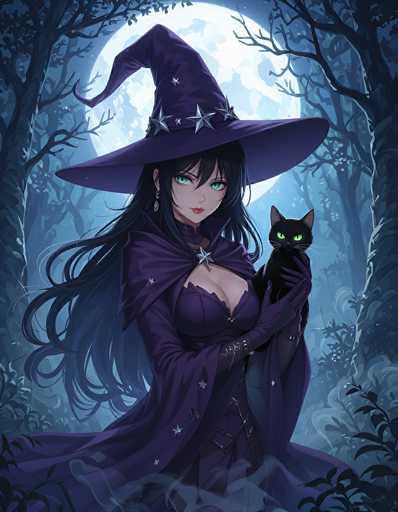 The image depicts a striking anime-style witch standing in a dark, eerie forest. She is adorned in a long, flowing purple dress with a matching cape that drapes elegantly around her. Her attire is complemented by a large, pointed purple witch's hat, which features a series of silver stars along its brim and a single star at the tip. The witch's long, dark hair cascades down her back, and she has captivating green eyes that gaze directly at the viewer. She wears long purple gloves that extend up to her elbows, adding to her mystical appearance.

In her arms, she cradles a black cat with piercing green eyes, mirroring her own. The cat's ears are perked up, and it looks intently towards the viewer, creating a sense of connection. The background is dominated by a full moon, casting an ethereal glow over the scene. Surrounding the witch are tall, leafless trees, their bare branches reaching into the moonlit sky, enhancing the spooky atmosphere. The ground is covered in a layer of fog, adding to the overall mysterious and enchanting mood of the image.