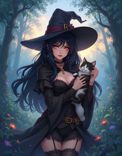 A woman with long dark hair is standing in a forest surrounded by trees and flowers. She is wearing a black dress and a black hat that has a red trim around the edges. The woman is holding a cat in her arms.