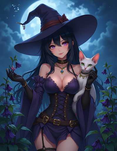 In this captivating image, a witch stands prominently against a backdrop of a dark, cloudy night sky. The full moon casts an ethereal glow, illuminating the scene with a mystical light. The witch, adorned in a classic pointed hat, exudes an air of enchantment. Her long, flowing black hair cascades down her back, complementing her striking purple eyes. She is dressed in a revealing purple corset that accentuates her figure, paired with a matching purple skirt. A black belt with a prominent gold buckle cinches her waist, adding a touch of elegance to her attire. In her left hand, she cradles a white cat, its eyes gleaming with a greenish hue, adding to the magical atmosphere. The witch's right hand delicately holds a flower, symbolizing her connection to nature and the mystical world. Surrounding her are tall plants with purple flowers, further enhancing the enchanting and otherworldly ambiance of the scene.