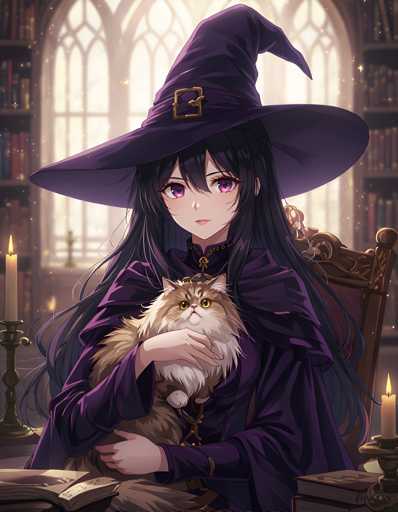 A young girl with long dark hair is sitting at a desk holding a cat and surrounded by books on the desk. She is wearing a purple dress and a black hat that has a gold buckle. The background features a window with curtains and a fireplace.