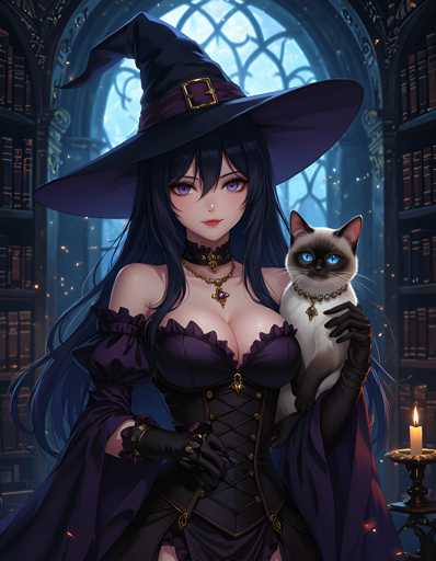 The image depicts a witch standing in front of a bookshelf filled with books and a candle on the right side. The witch is wearing a purple dress and a black hat adorned with a gold emblem. A cat is sitting next to her on the left side of the image, looking up at the witch.