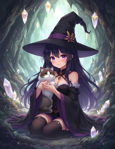 In this captivating anime-style illustration, a witch-like character is depicted kneeling gracefully in a cave. She is adorned in a striking black dress with a purple lining, complemented by a matching black witch's hat that features a purple ribbon and a golden flower embellishment. Her long, flowing black hair cascades down, framing her purple eyes and delicate features. The character's attire includes thigh-high stockings, adding to her mystical allure.

Cradled in her arms is a large, fluffy cat with a white belly and a gray coat, its head turned towards the viewer, adding a touch of warmth to the scene. The cave itself is a mesmerizing environment, with crystal-like formations and gemstones of various shapes and sizes scattered throughout. The crystals predominantly exhibit a light purple hue, with some displaying a yellowish tint, while the gemstones are mostly triangular, though a few are circular. The cave's walls are adorned with patches of green moss, enhancing the enchanting atmosphere. The character gazes directly at the viewer, creating a sense of connection and drawing the observer into this magical world.